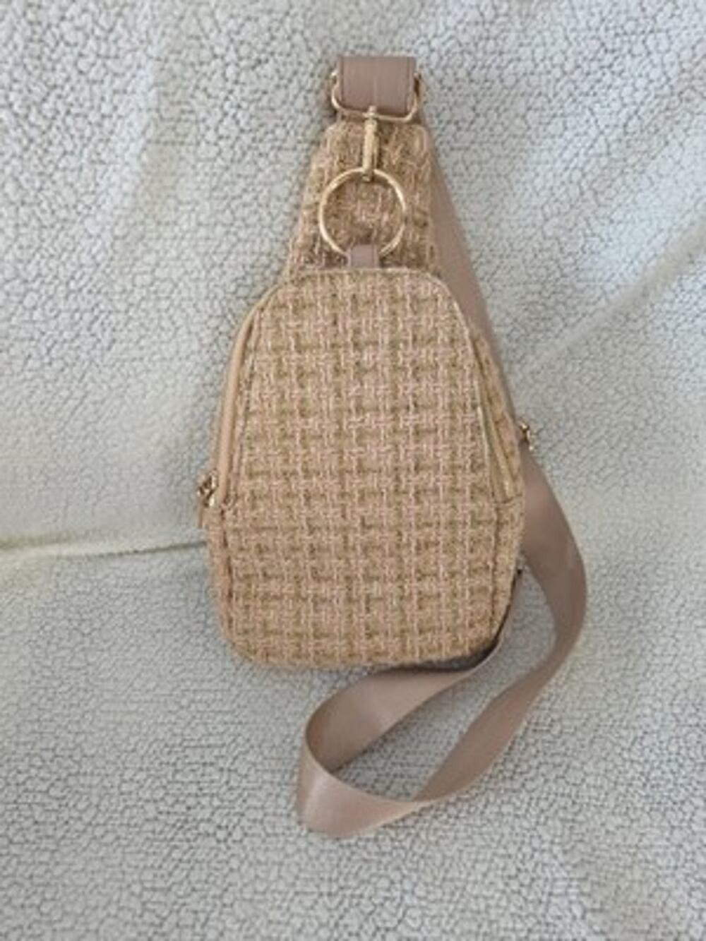 Moda Luxe Regina Sling Backpack Tan Gold Tweed Vegan Leather Adjustable Strap